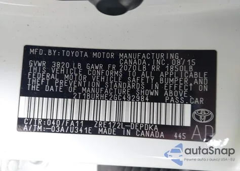 2016 Toyota Corolla L z USA, uszkodzony, nr VIN 2T1BURHE2GC492984